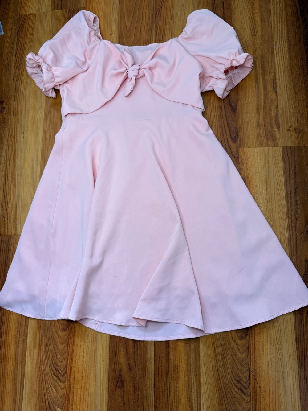 Girls' Light Pink Knot-Front Puff Sleeve Casual Dress